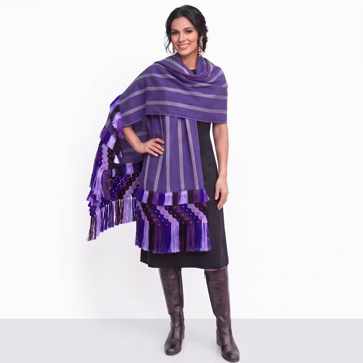 Purple stripe Purepecha rebozo with fringe or ‘flowers’
