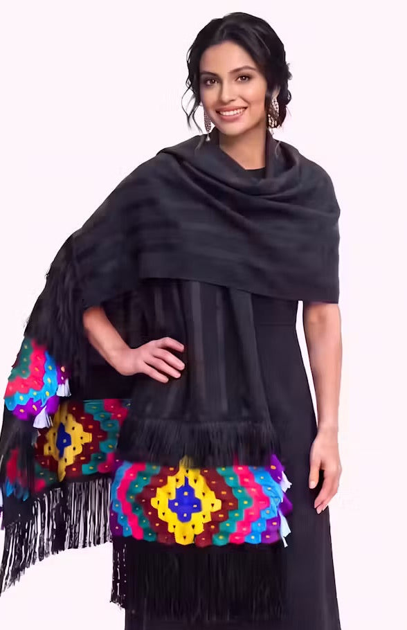 Black tonal stripe  Purepecha rebozo with ornate fringe or ‘flowers’