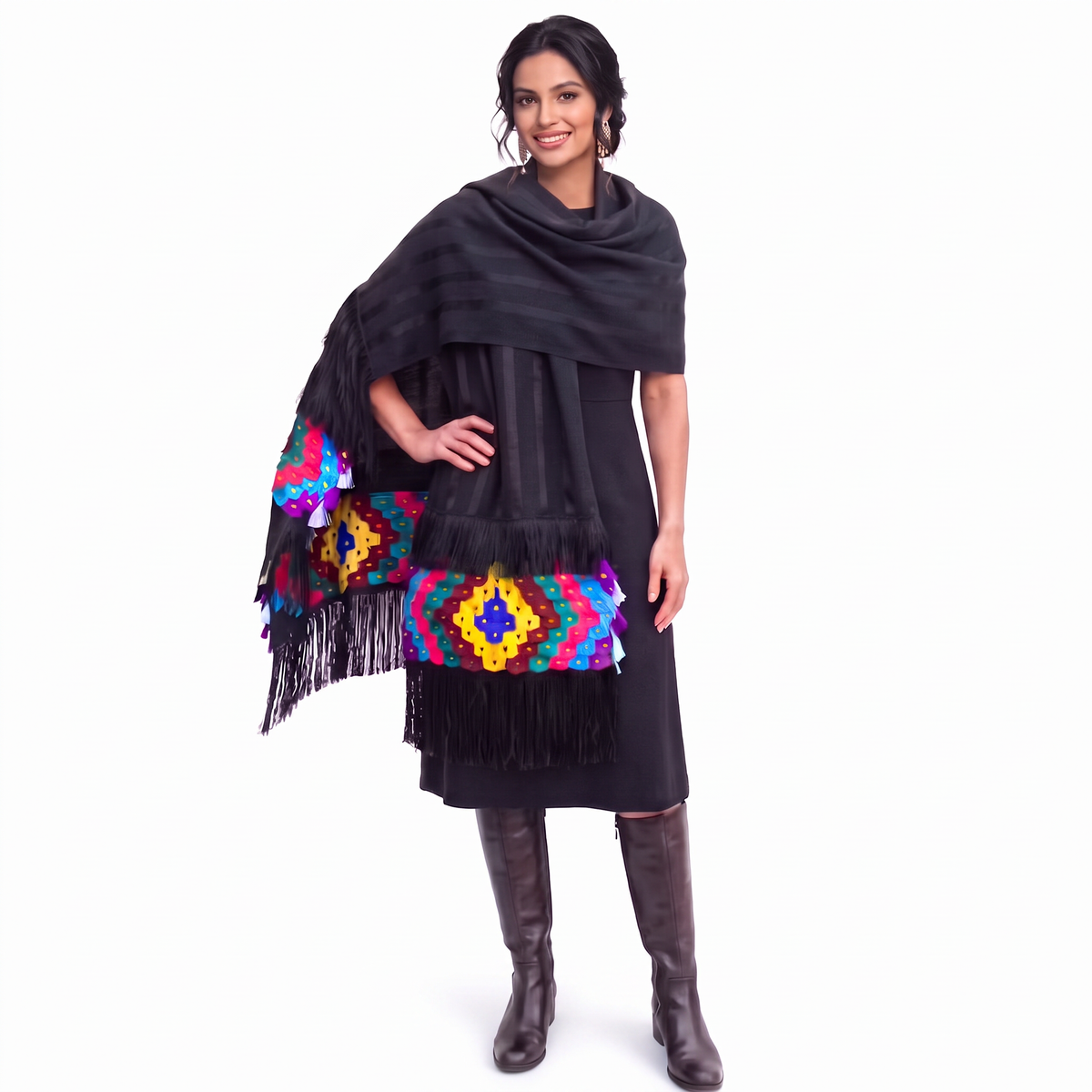 Black tonal stripe  Purepecha rebozo with ornate fringe or ‘flowers’