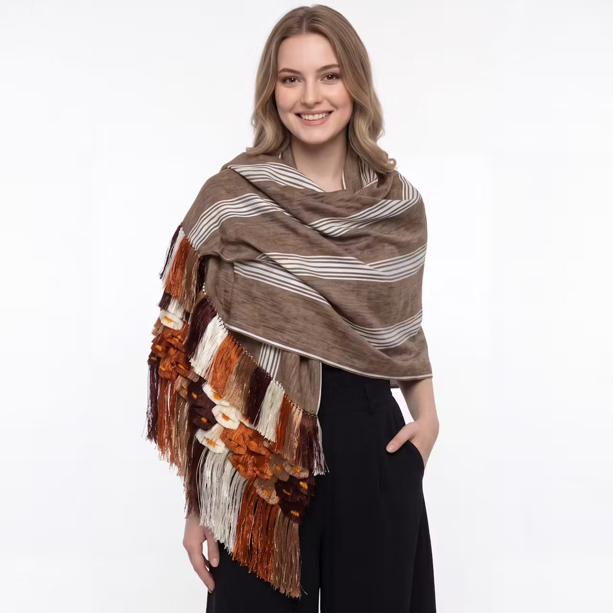 Brown beige stripe Purepecha Rebozo with flowers from Michoacán