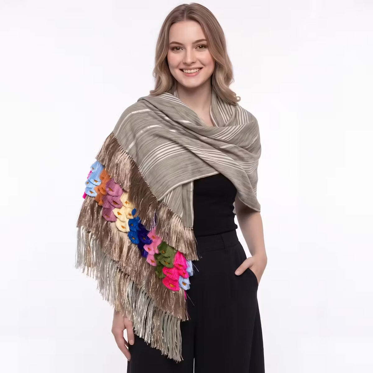 Beige stripe Purepecha Rebozo with flowers from Michoacán