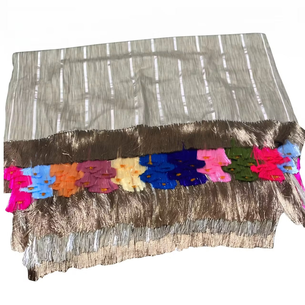 Beige stripe Purepecha Rebozo with flowers from Michoacán