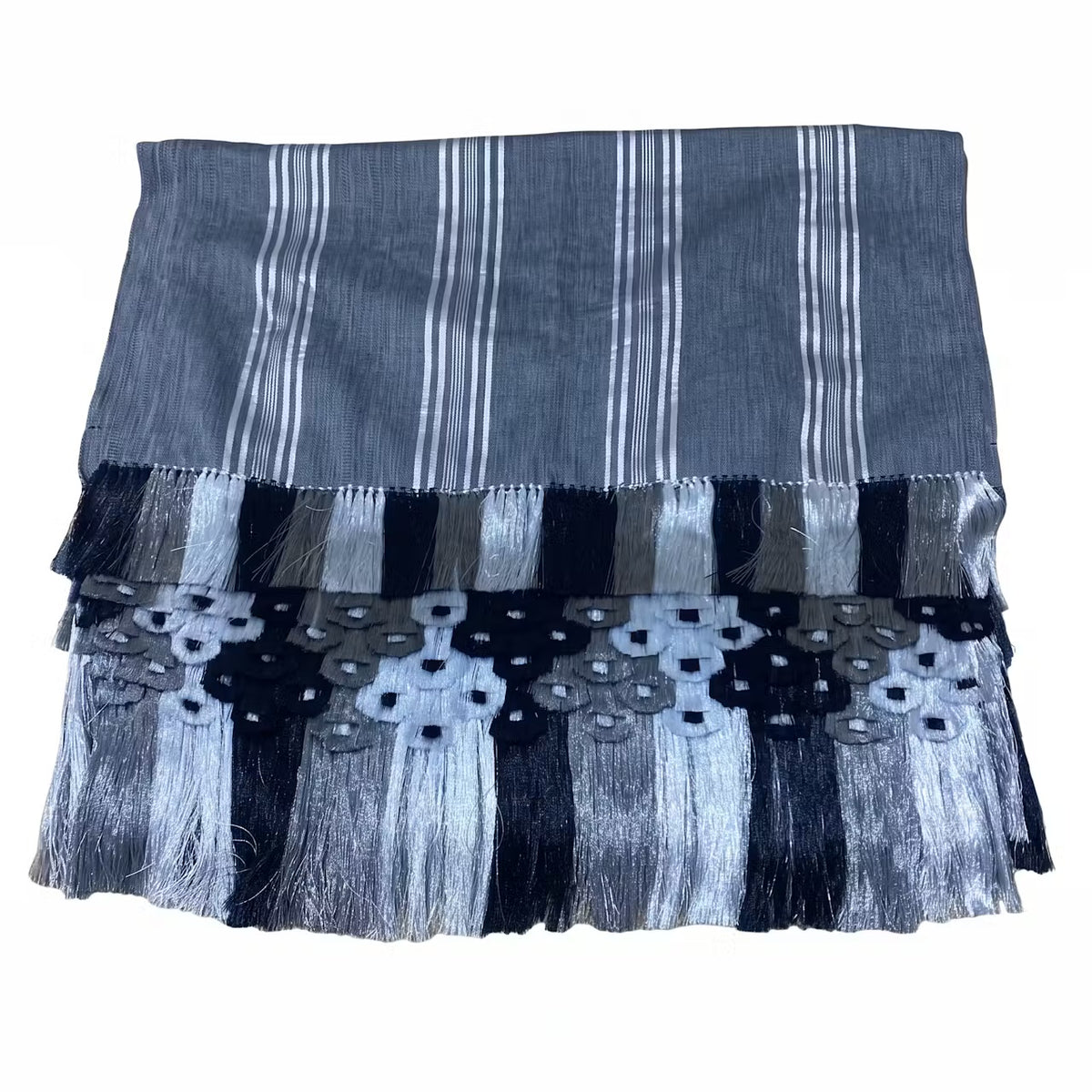 Gray black stripe Purepecha Rebozo with flowers from Michoacán