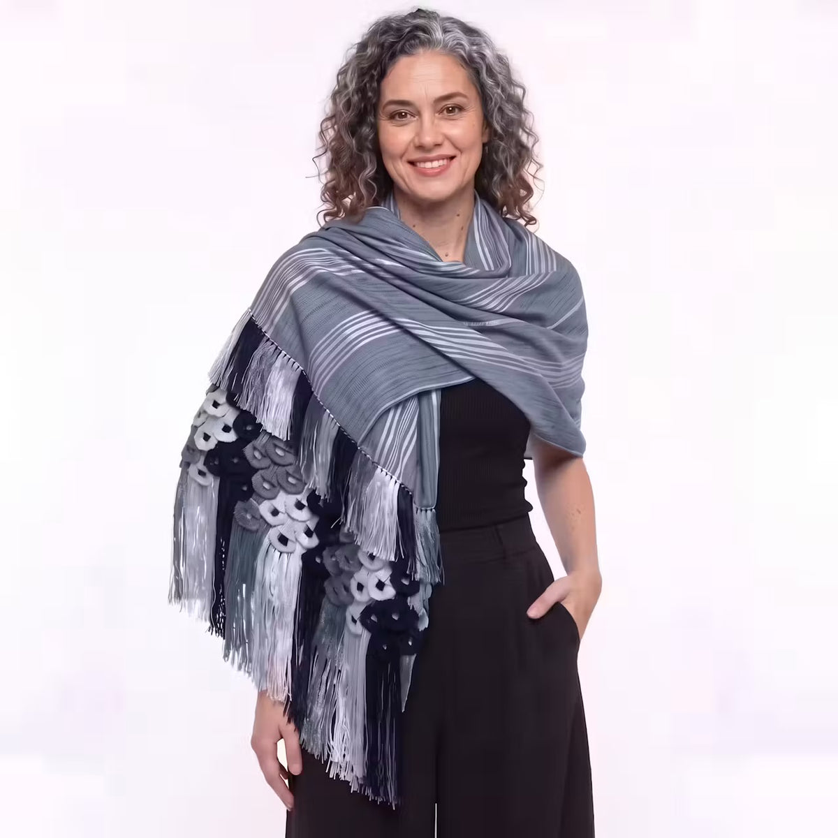 Gray black stripe Purepecha Rebozo with flowers from Michoacán