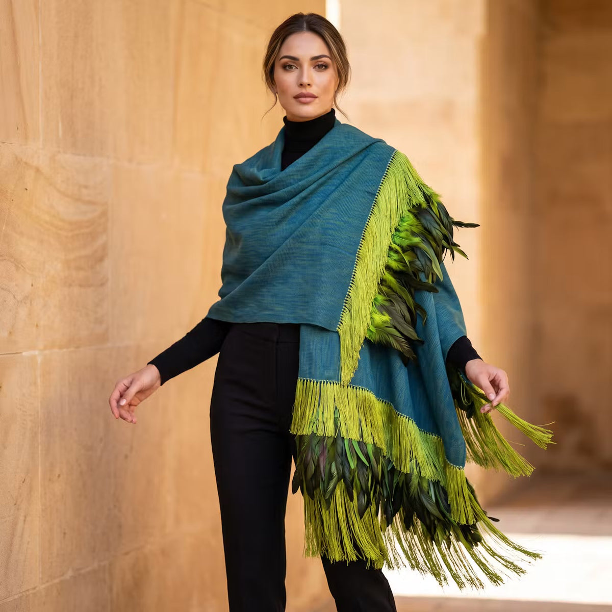Black Purepecha Rebozo with fringe and feathers from Michoacán