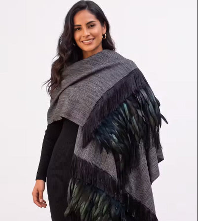Gray Purepecha Rebozo with fringe and feathers from Michoacán.