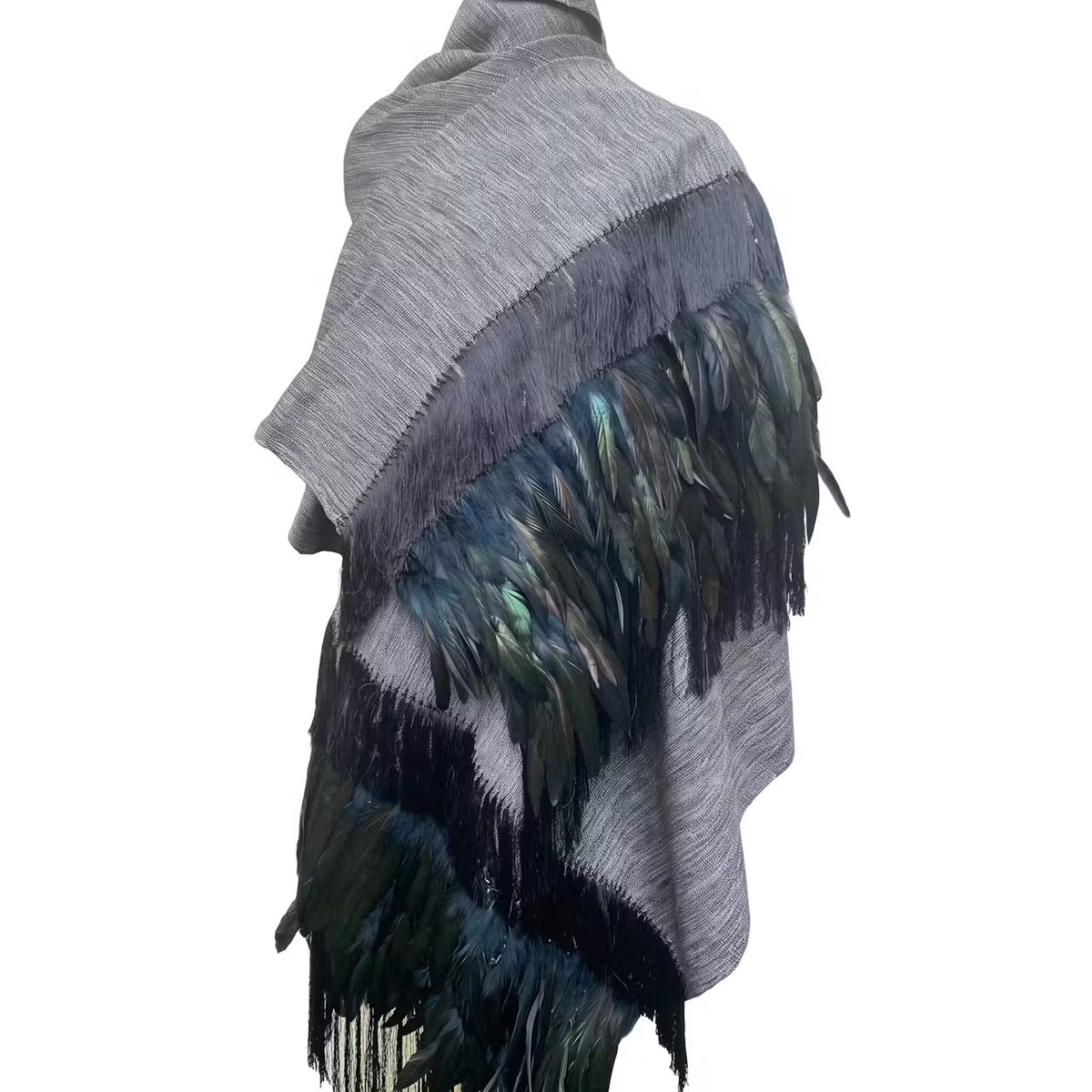 Gray Purepecha Rebozo with fringe and feathers from Michoacán.