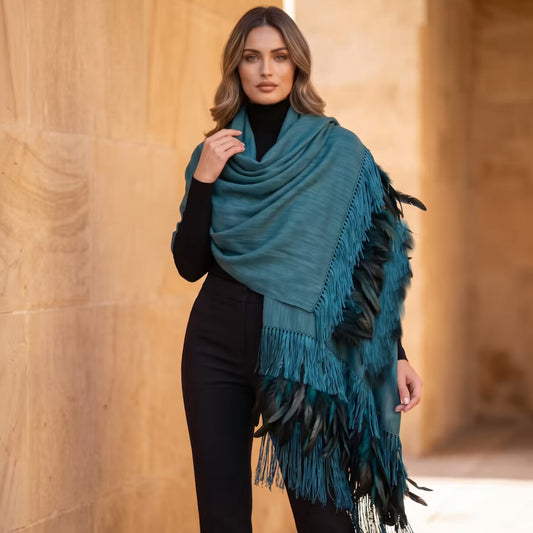 Blue green Purepecha Rebozo with fringe and feathers from Michoacán