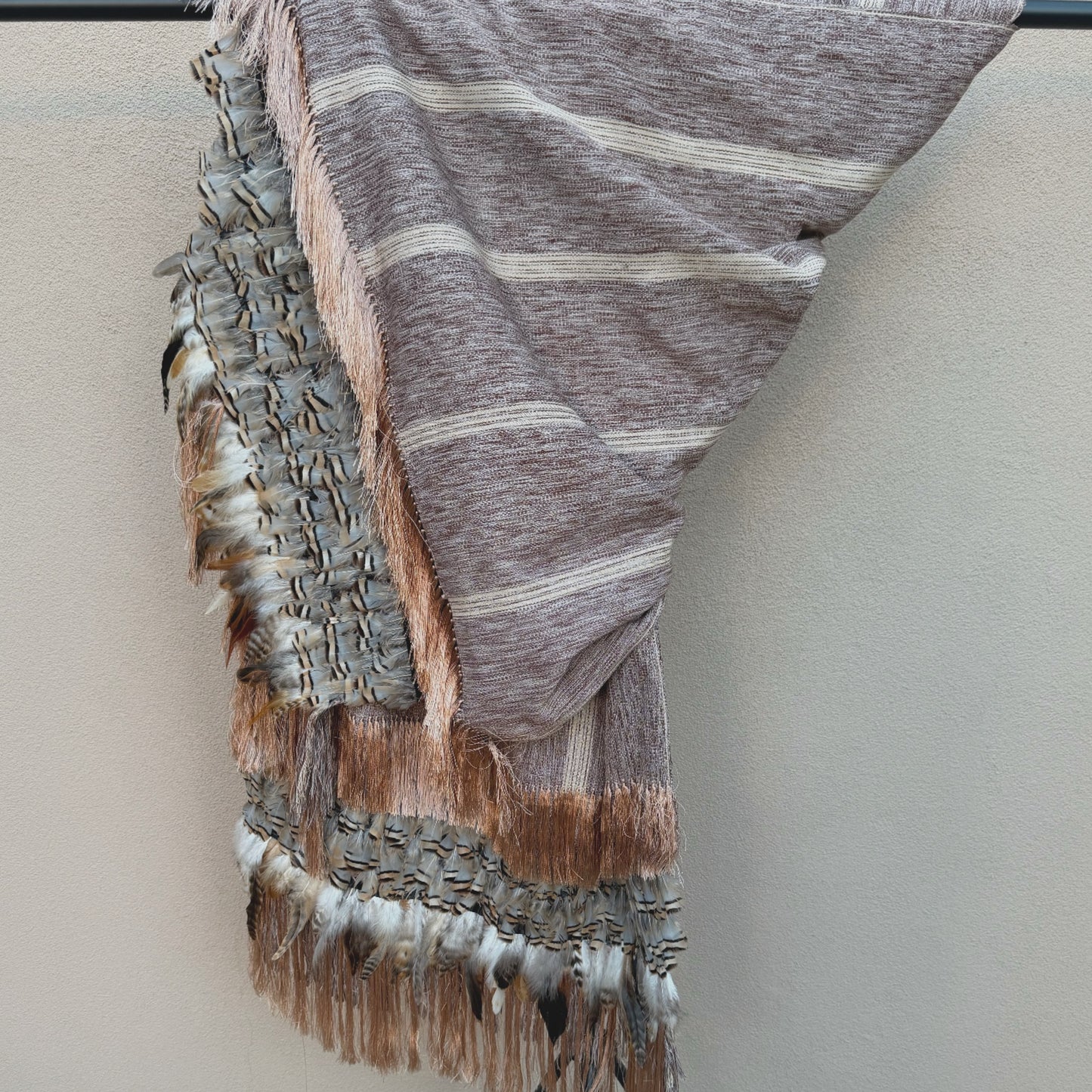 Purepecha rebozo with fringe and feathers