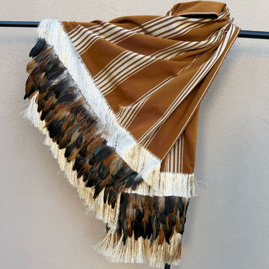 Brown stripe purepecha rebozo with fringe and feathers