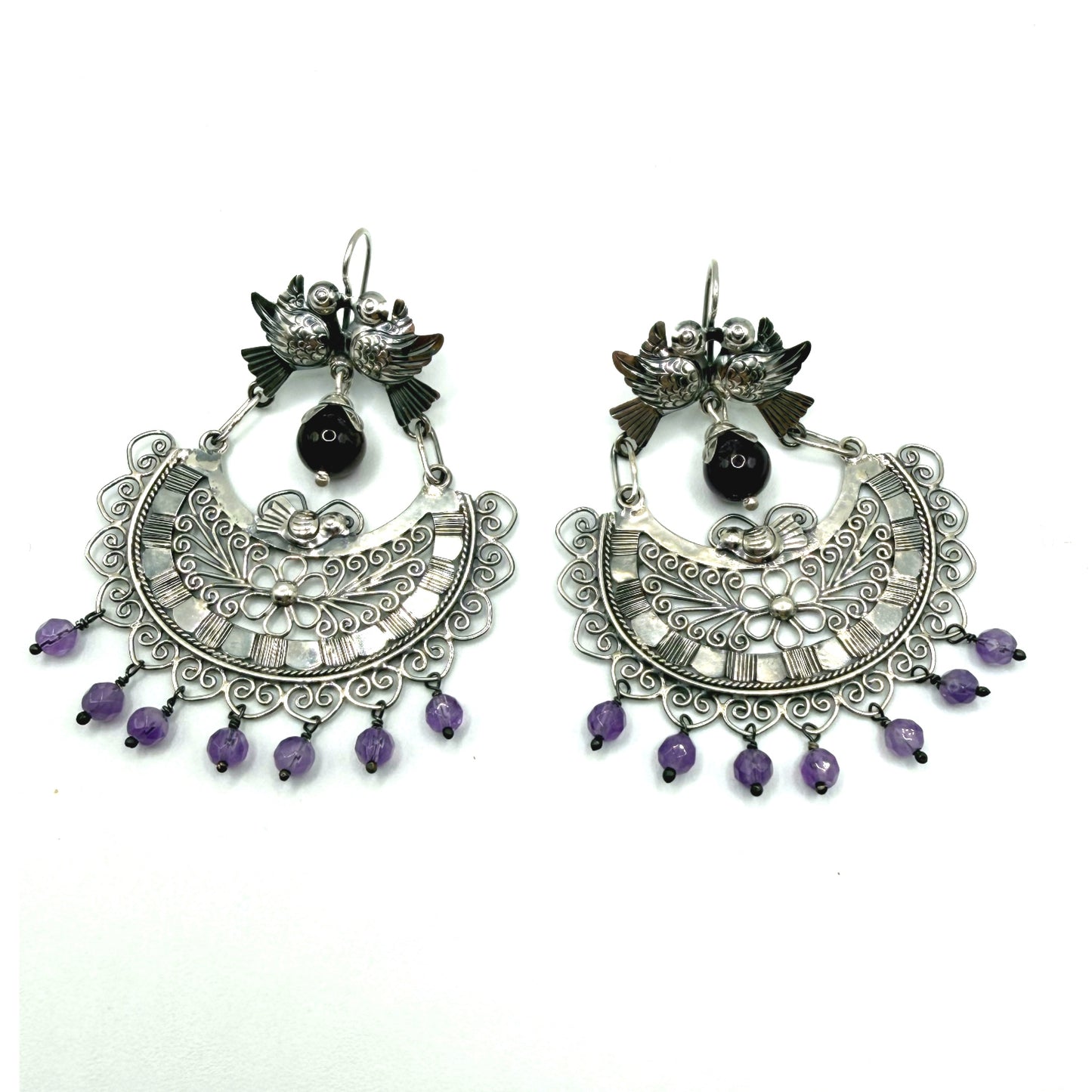 Mexican Mazahua silver dove earrings, handmade Mexican wedding earrings with amethyst