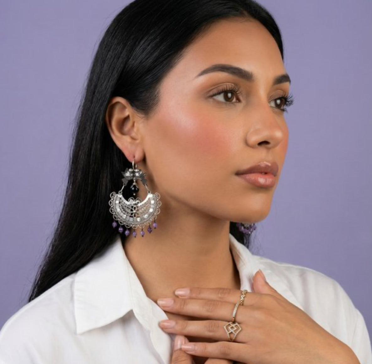 Mexican Mazahua silver dove earrings, handmade Mexican wedding earrings with amethyst