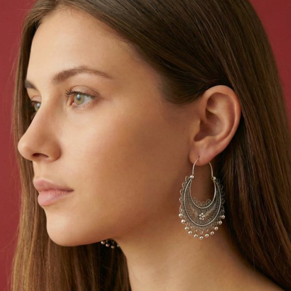 Mexican Mazahua silver hoop earrings-absolutely stunning