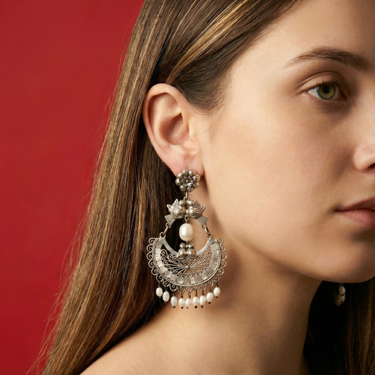 Mexican Mazahua silver dove earrings, handmade Mexican wedding earrings with pearls