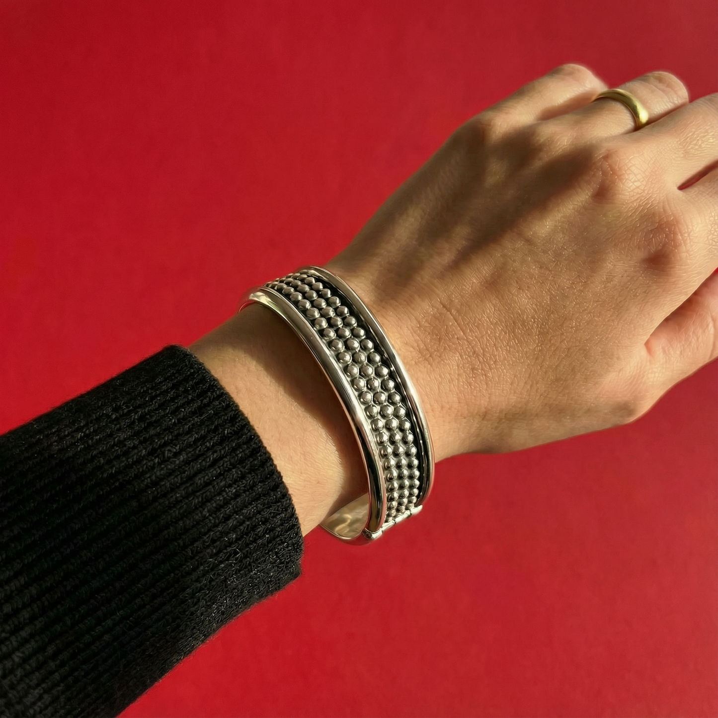 Silver dot Taxco  clamper bracelet, modern design like vintage Taxco bracelet