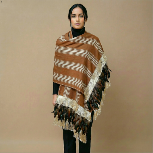 Brown stripe purepecha rebozo with fringe and feathers