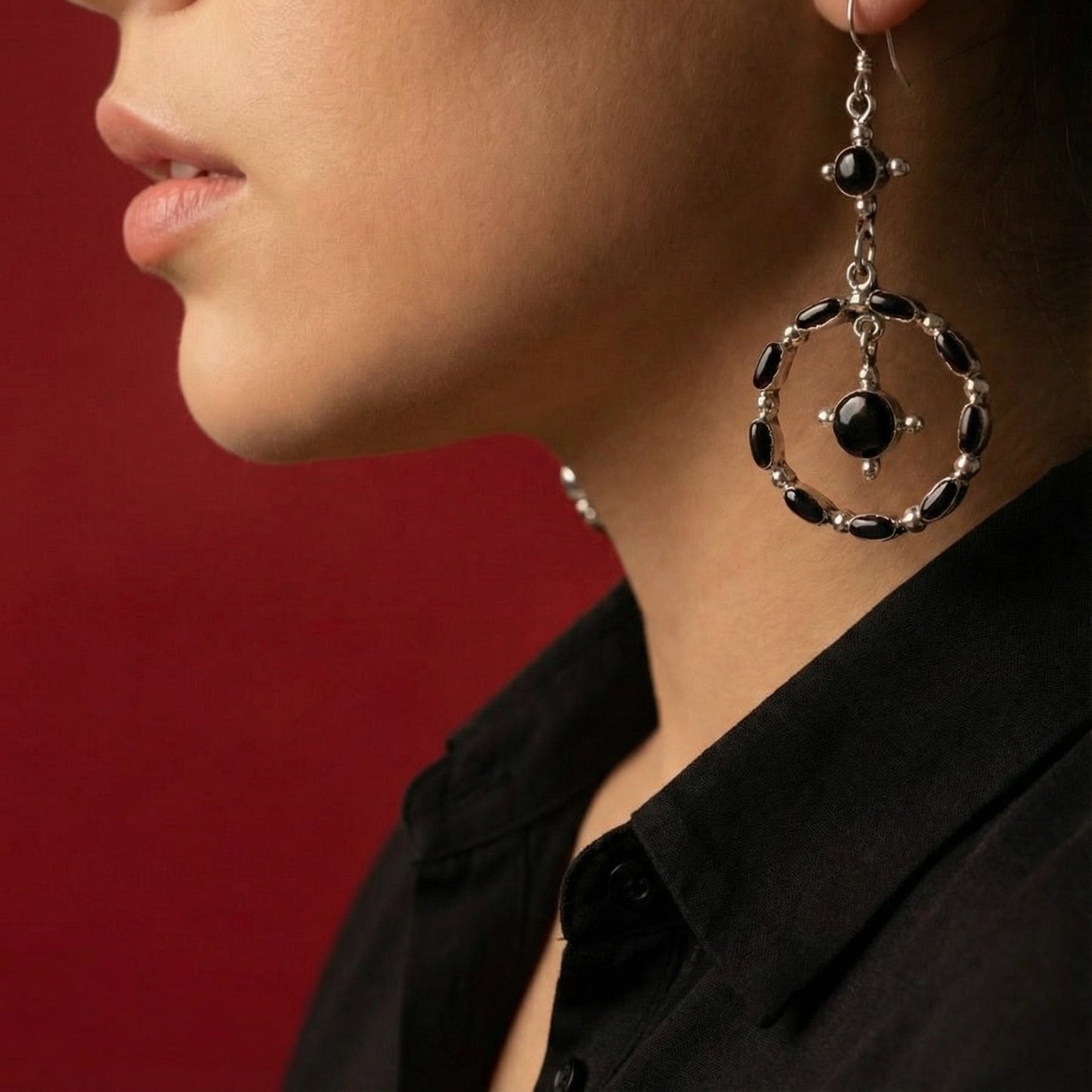 Silver Taxco drop earrings with onyx