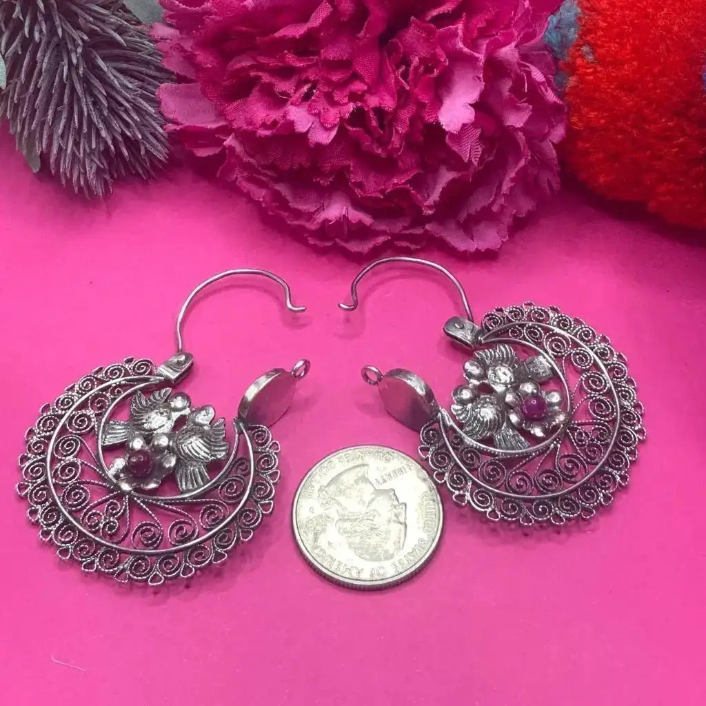 Arracada Mexican filigree earrings with flowers and doves