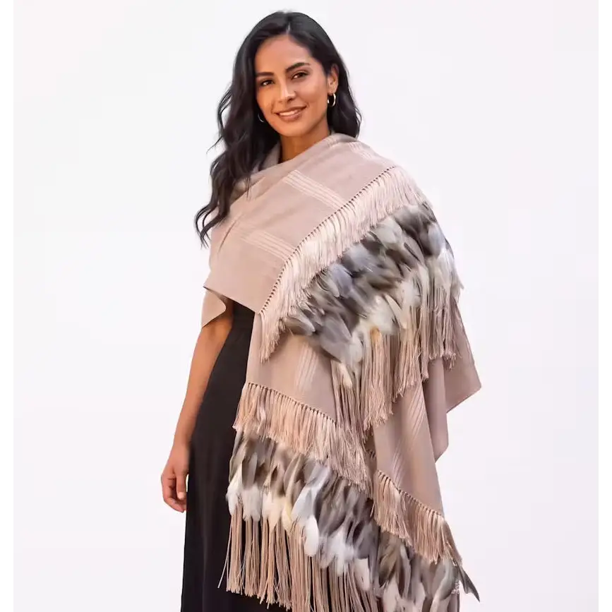 Beige stripe Purepecha Rebozo with fringe and feathers