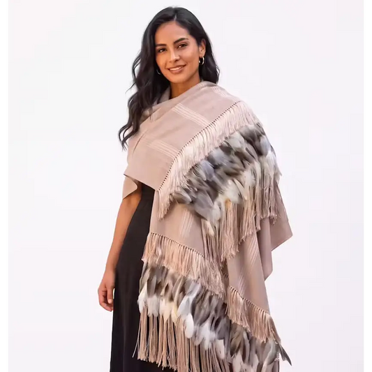 Beige stripe Purepecha Rebozo with fringe and feathers