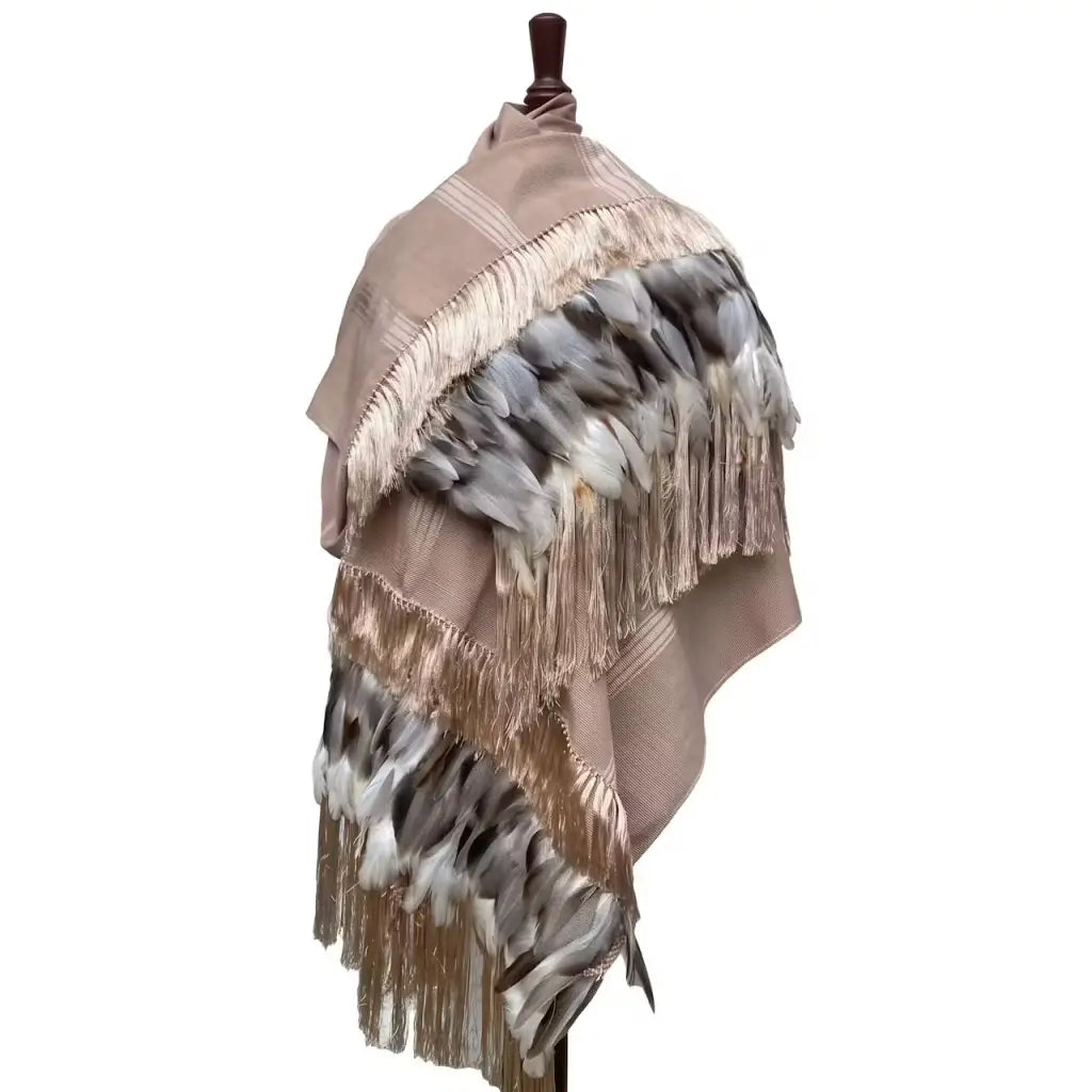 Beige stripe Purepecha Rebozo with fringe and feathers