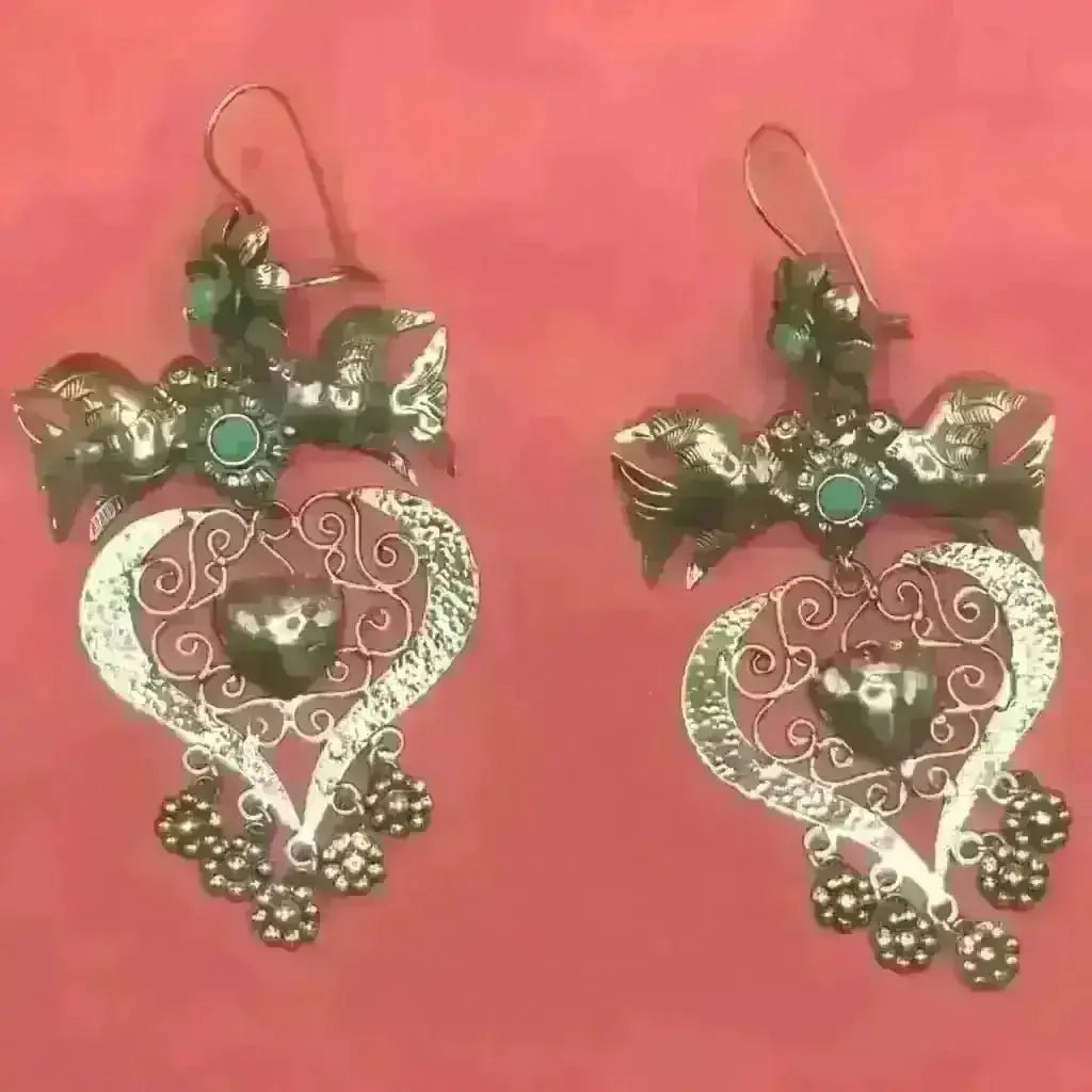 Big heart Mazahua dove Mexican silver earrings