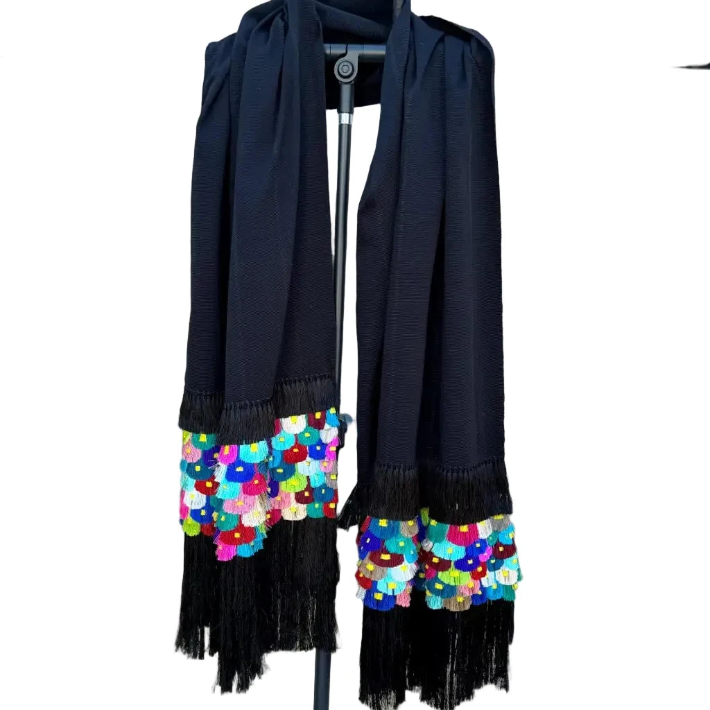 Purepecha Rebozo Shawl, Black Multi-Color Handwoven Cotton