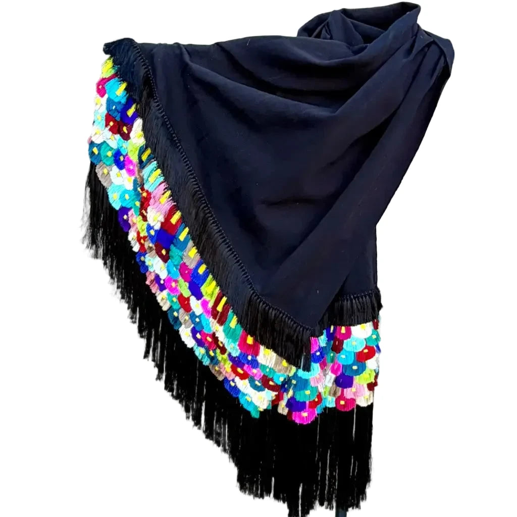 Purepecha Rebozo Shawl, Black Multi-Color Handwoven Cotton