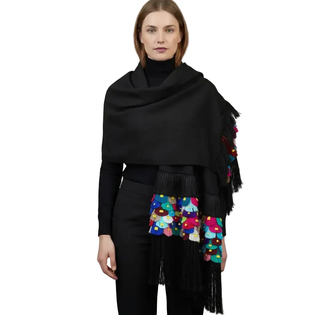 Purepecha Rebozo Shawl, Black Multi-Color Handwoven Cotton