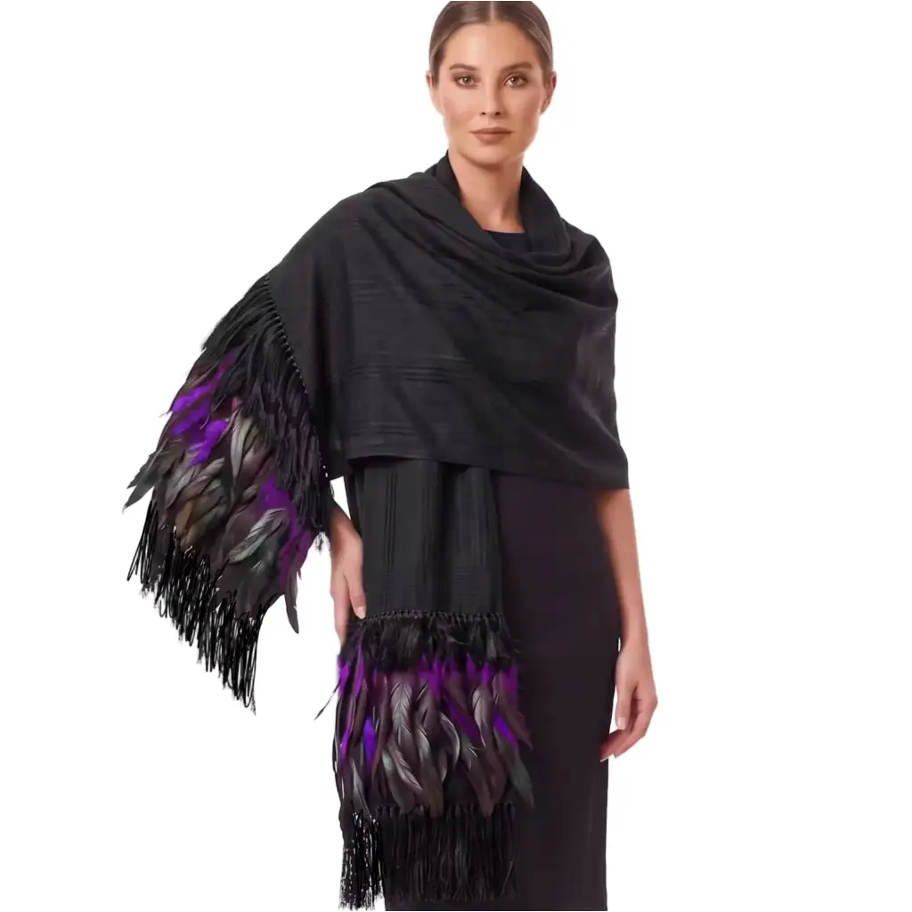 Black stripe Purepecha Rebozo with purple fringe