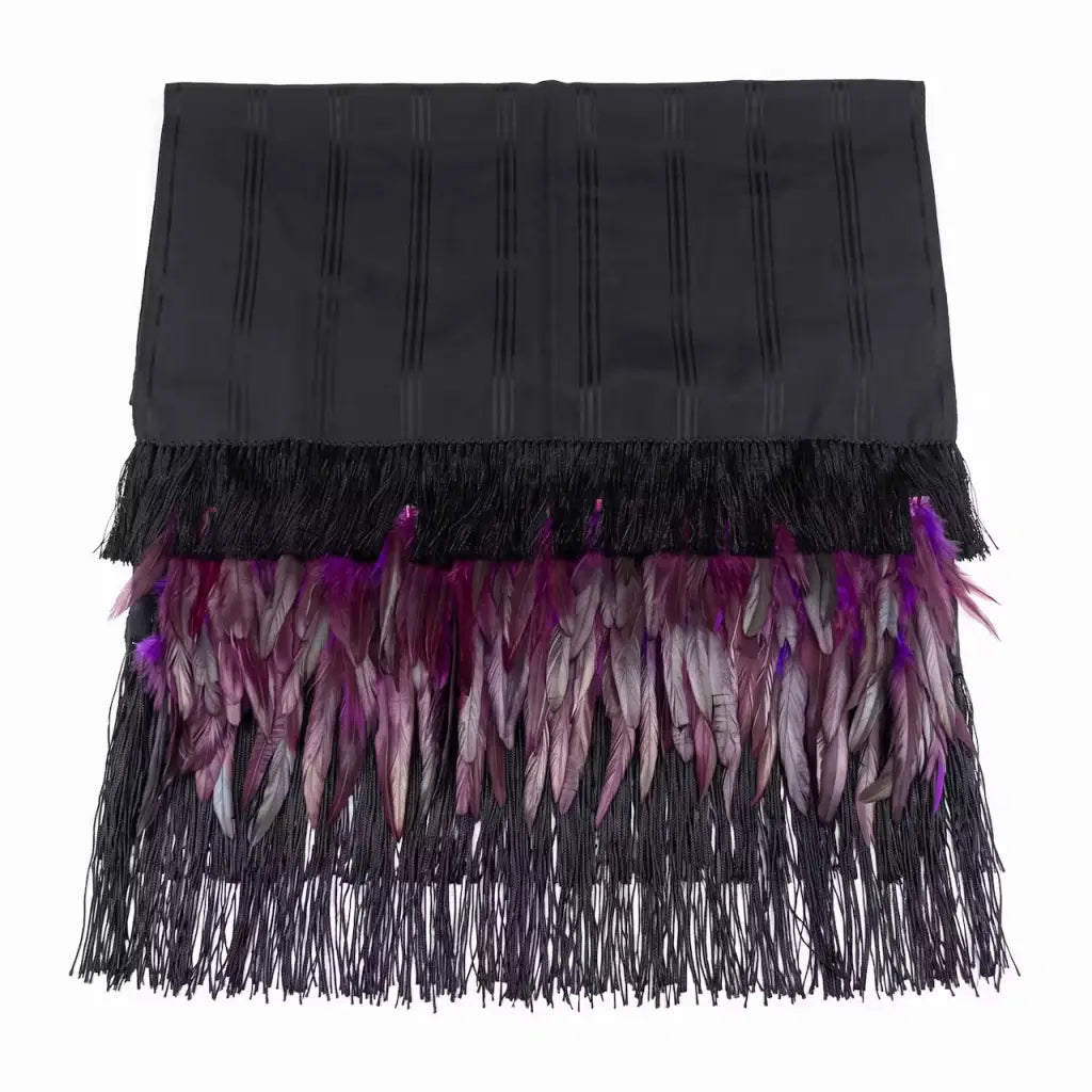 Black stripe Purepecha Rebozo with purple fringe