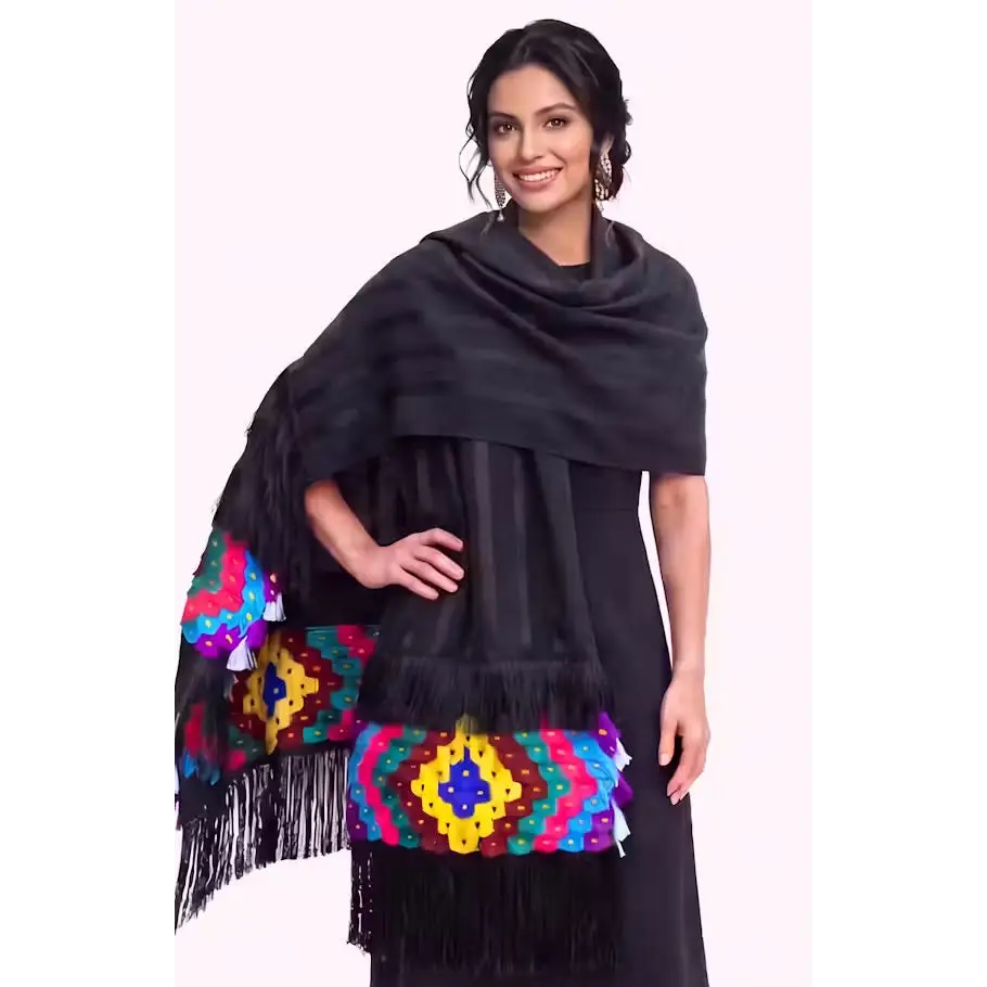 Black tonal stripe Purepecha rebozo with ornate fringe