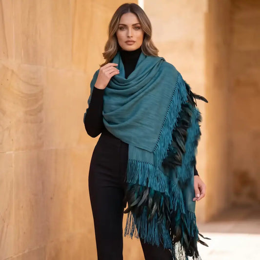 Blue green Purepecha Rebozo with fringe and feathers