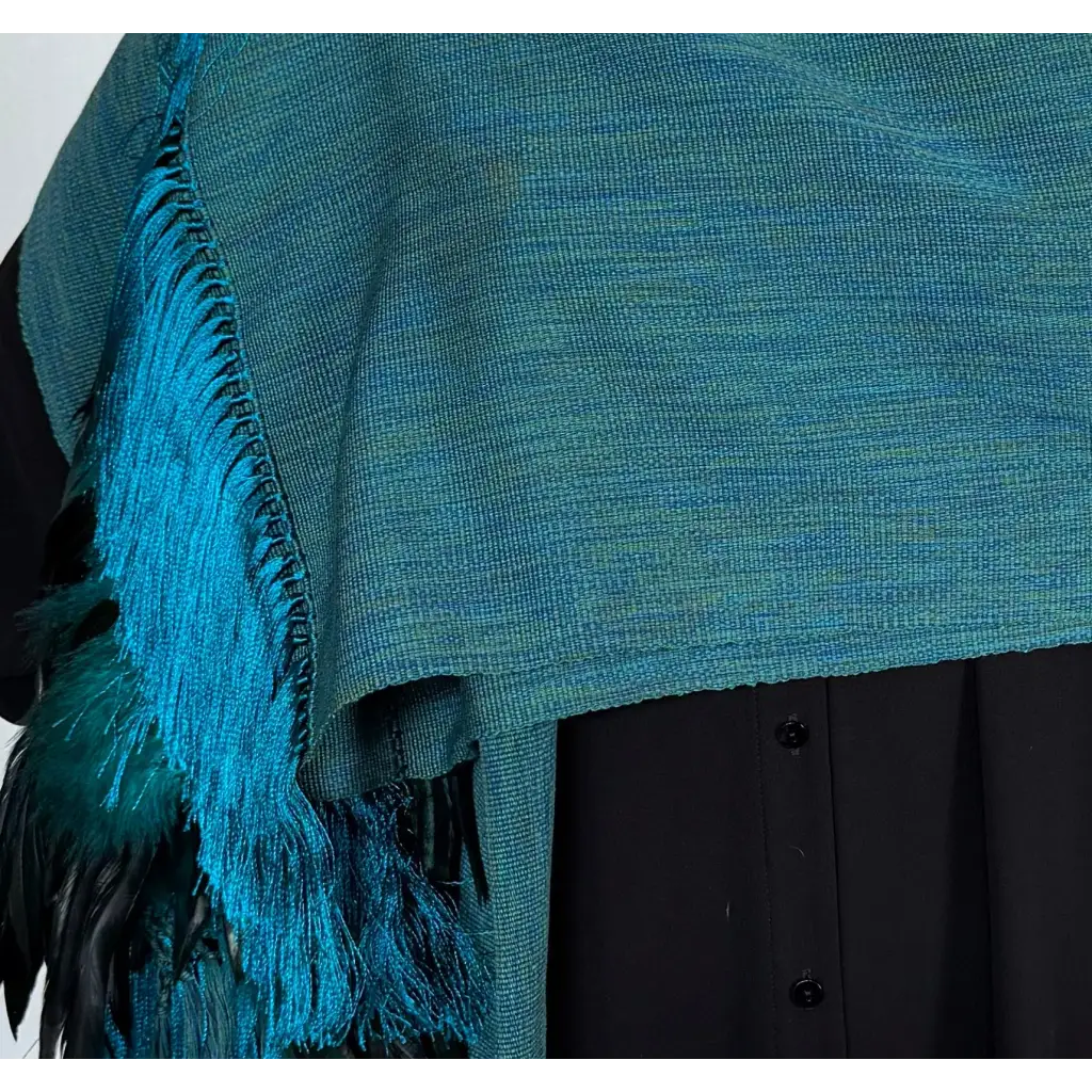 Blue green Purepecha Rebozo with fringe and feathers