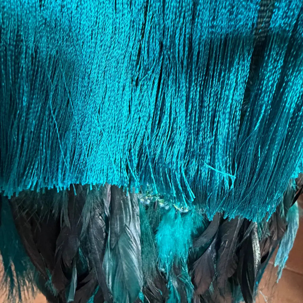 Blue green Purepecha Rebozo with fringe and feathers
