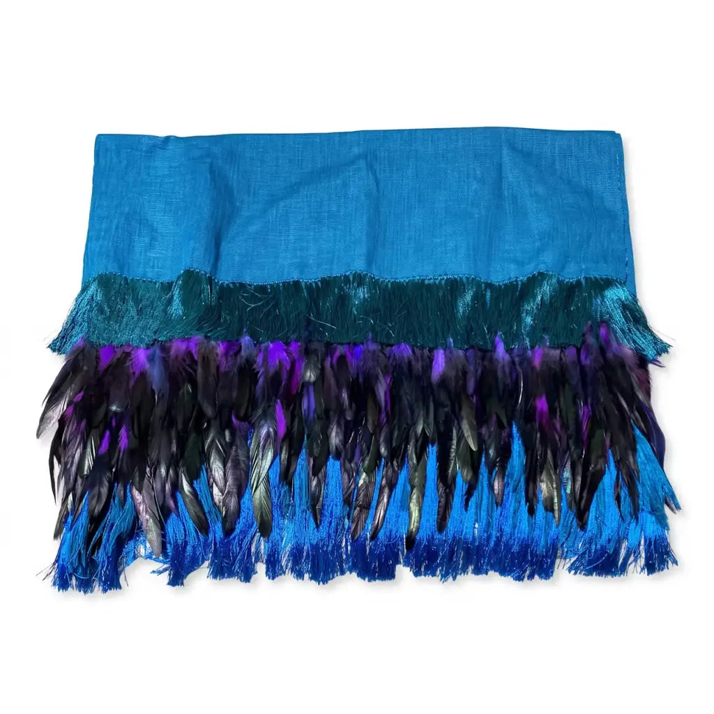 Blue Purepecha Rebozo with fringe and feathers