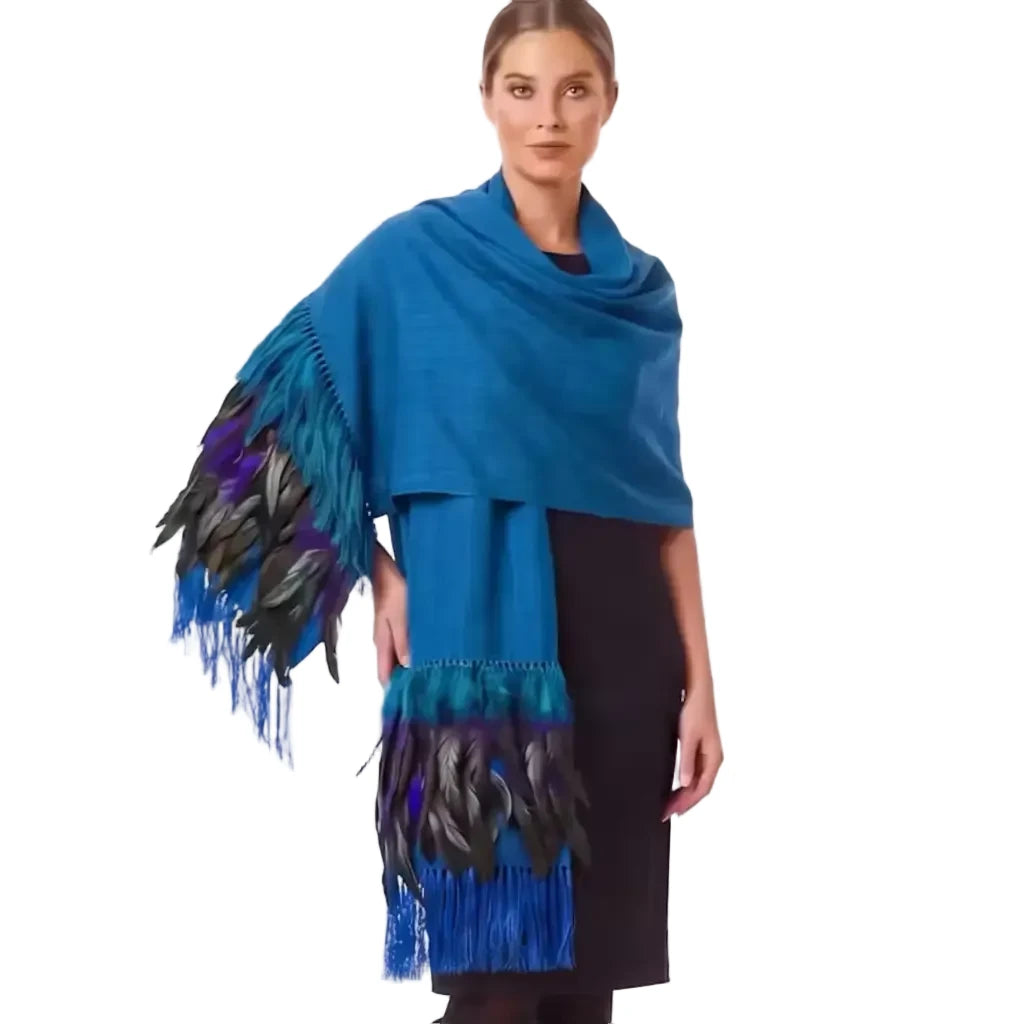 Blue Purepecha Rebozo with fringe and feathers
