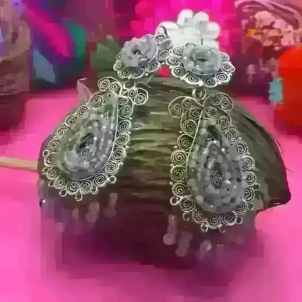 Boho style Mexican Oaxacan pearl silver filigree earrings