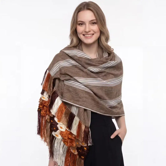 Brown beige stripe Purepecha Rebozo with flowers