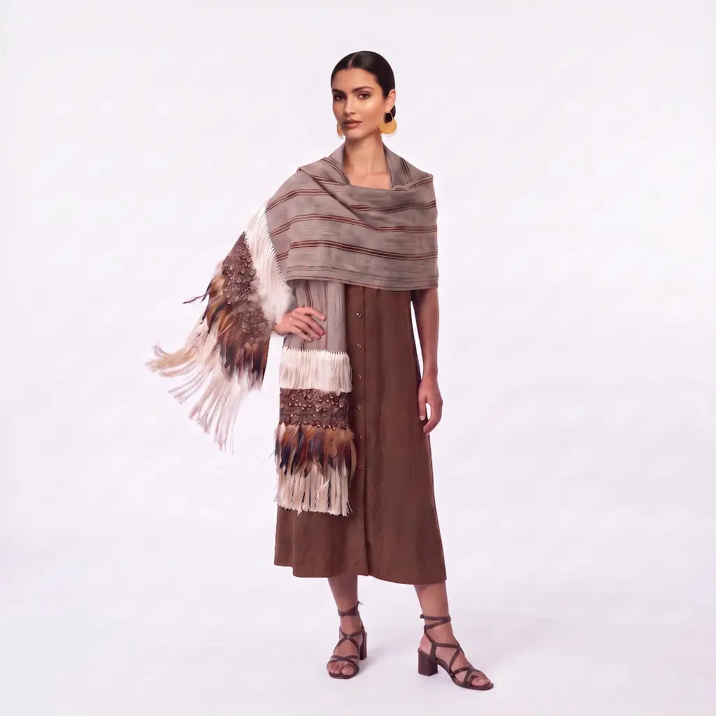 Brown Purepecha rebozo from Michoacán with fringe