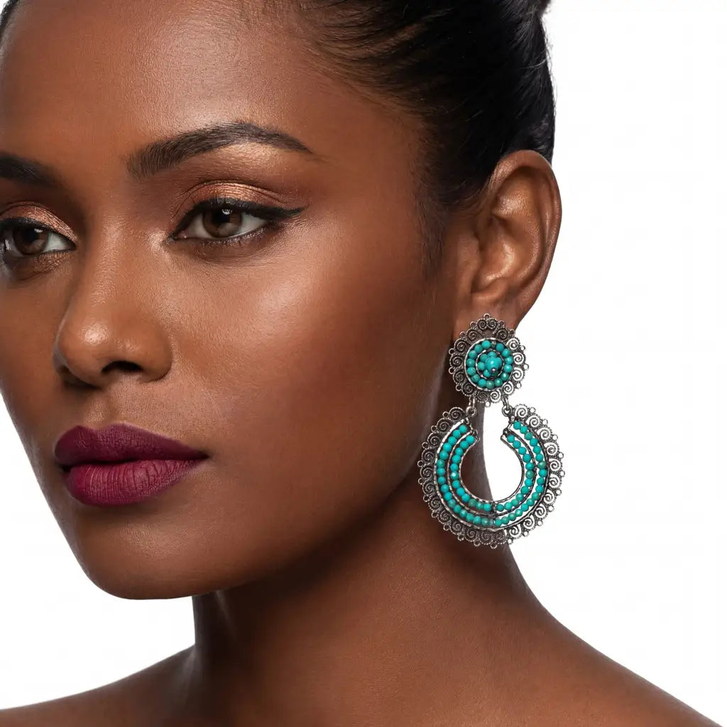 Small Oaxacan filigree sterling silver hoop earrings with genuine turquoise stone, handcrafted in Oaxaca Mexico