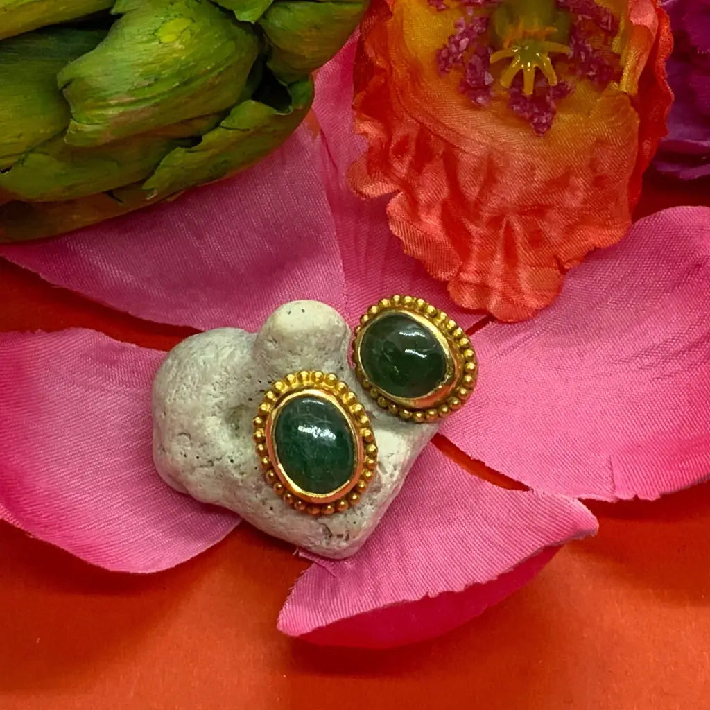 24-Karat Gold Filigree Earrings with Natural Emerald,