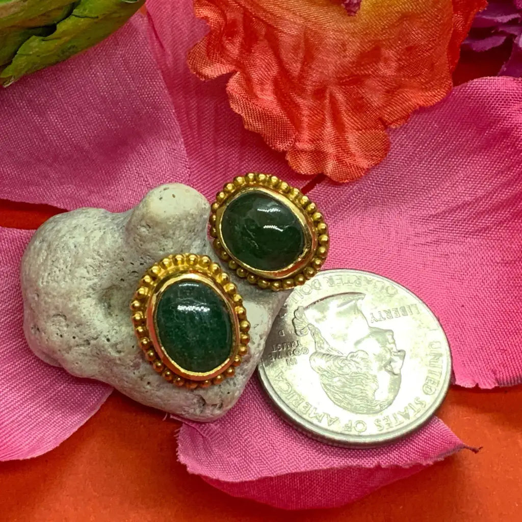 24-Karat Gold Filigree Earrings with Natural Emerald,