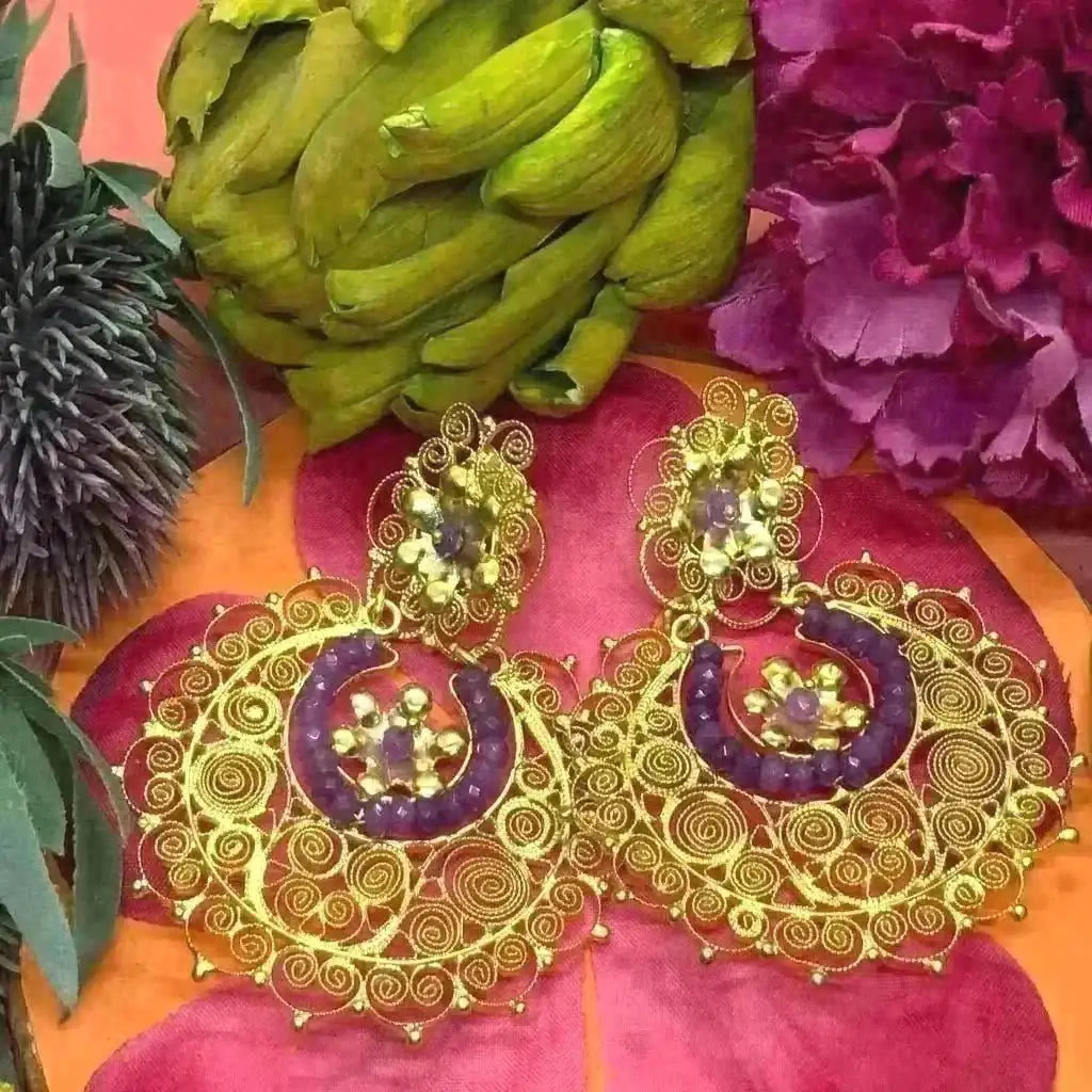 Gold Oaxacan filigree earrings with amethyst