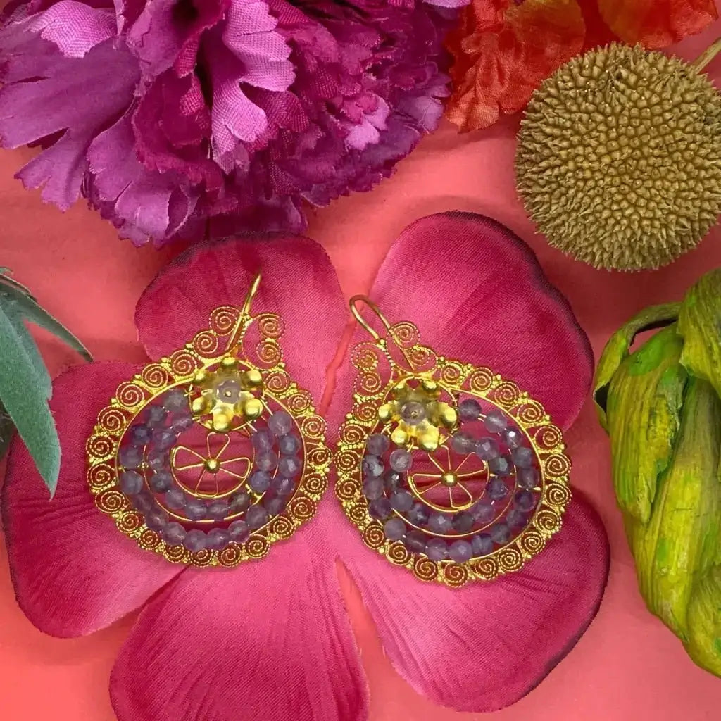 Gold Oaxacan filigree earrings with amethyst Frida style