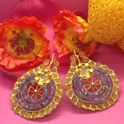 Gold Oaxacan filigree earrings with amethyst Frida style