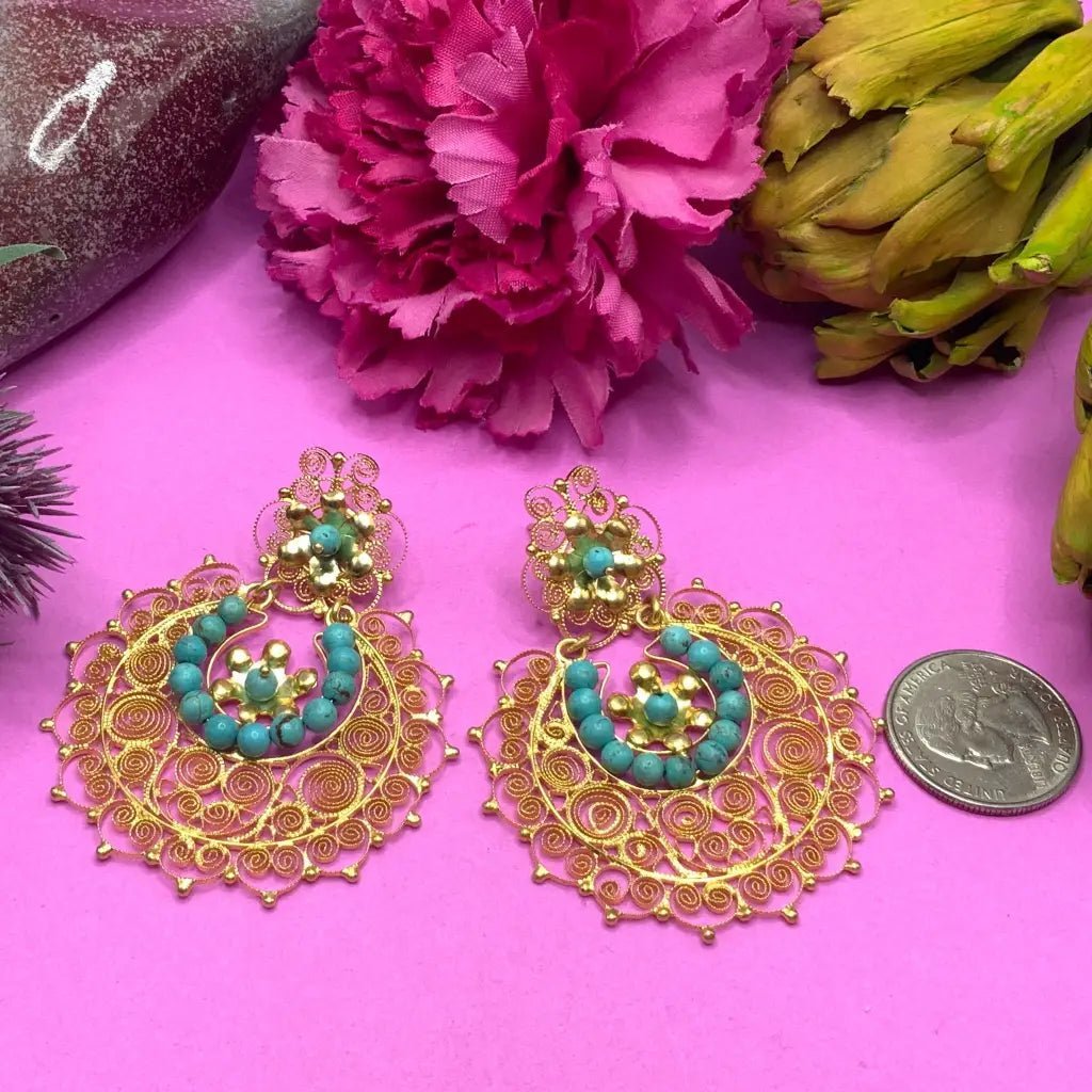 Gold Oaxacan filigree earrings with turquoise