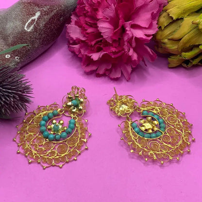 Gold Oaxacan filigree earrings with turquoise
