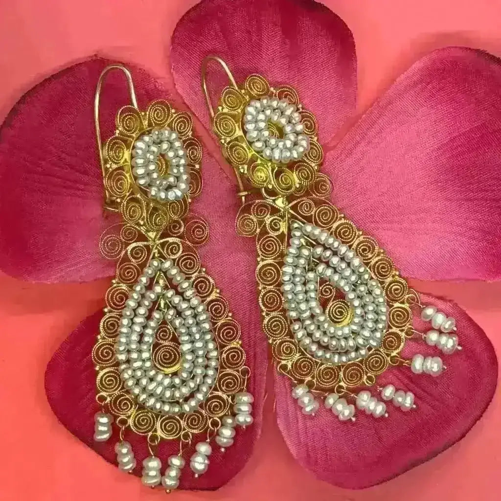 Gold vermeil Oaxacan pearl filigree earrings Frida