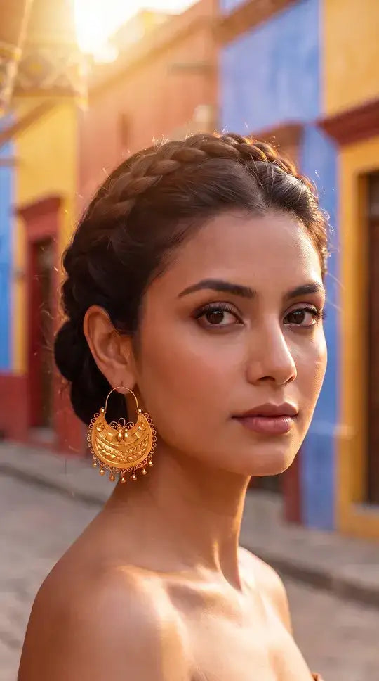 Golden, intricately detailed crescent-shaped earrings with dangling beads.